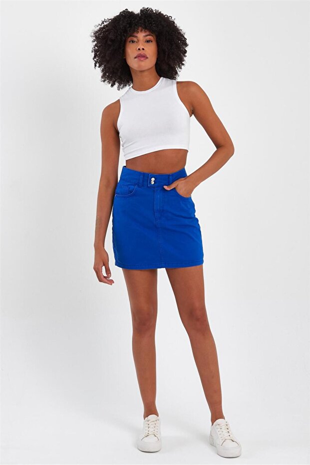 - Kadın Çift Düğmeli Mini Kot Etek Saks - 1