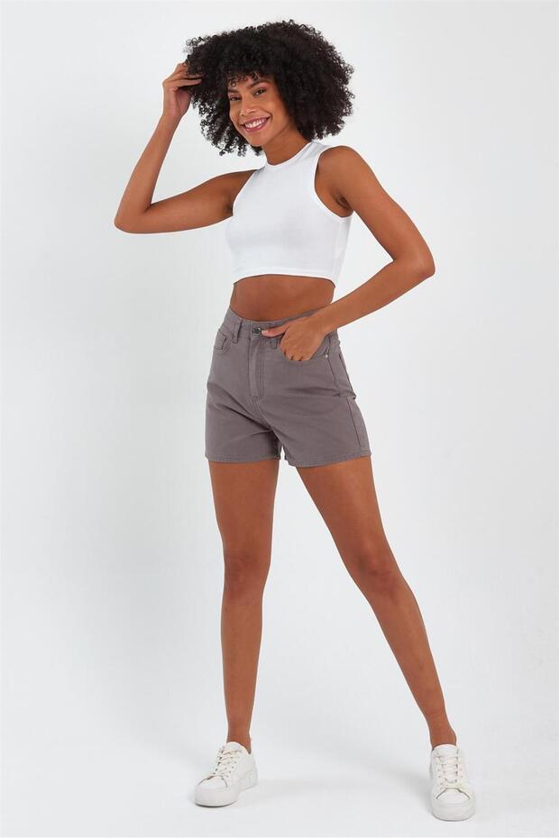 - Kadın Mini Slim Denim Şort Vizon - 1