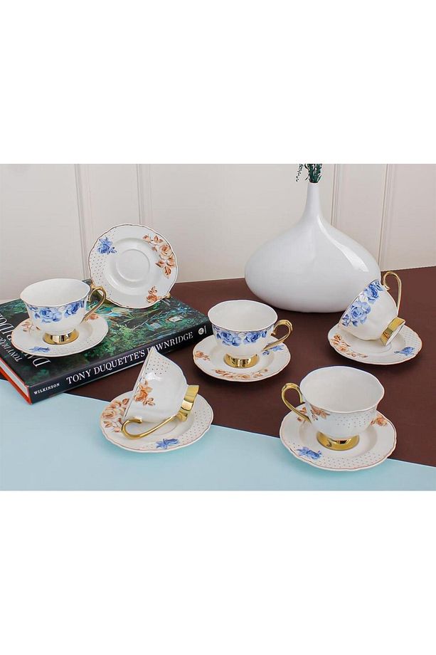 Neos Gold Yaldız Çiçek 6 Kişilik 220 ML Porselen Nescafe Çay Fincan Takımı PUREBONE-78 - 1