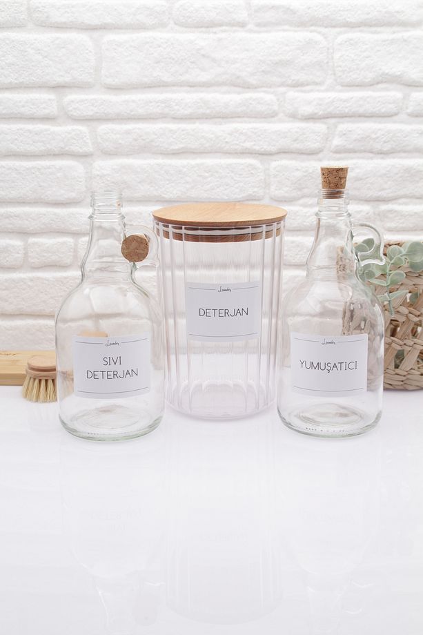 Ahşap Kapaklı Oval Çizgili Deterjan Kavanozu 2200ML-Sıvı Deterjan ve Yumuşatıcı Şişesi 1000ML - 1