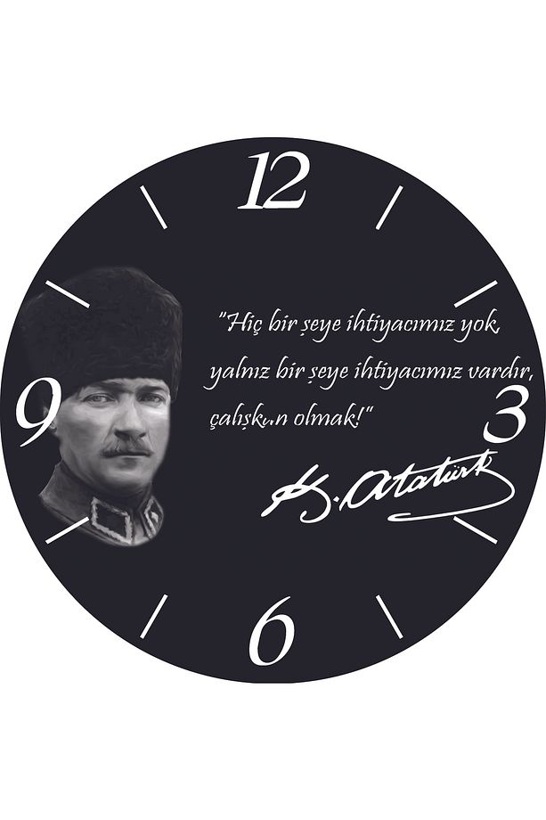 Atatürk Çalışkan Olmak İmza Çap 30cm Sessiz Akar Bombeli Gerçek Cam Duvar Saati - 1