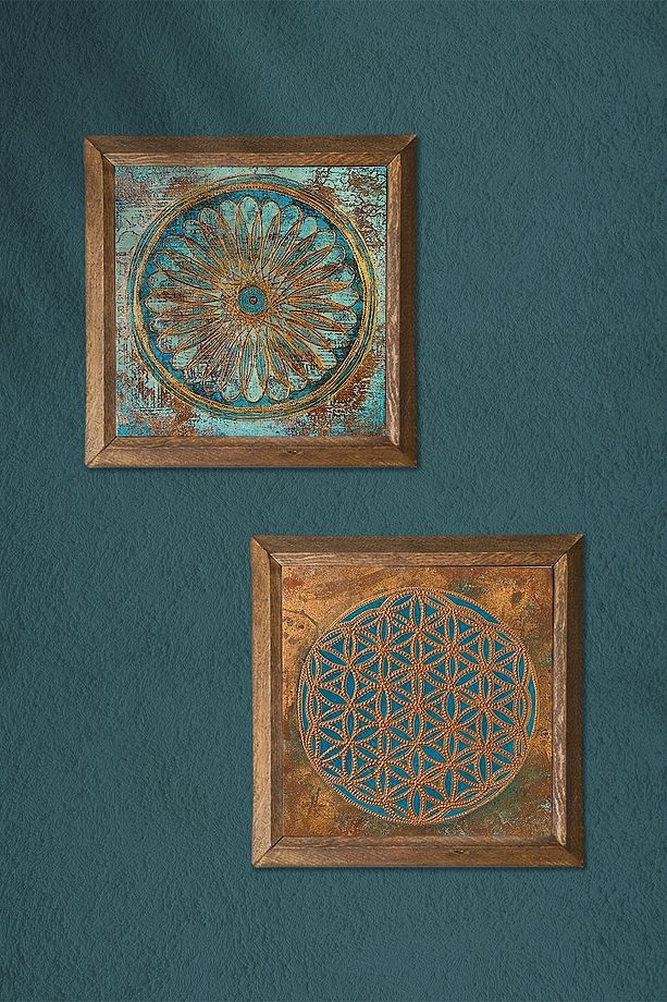 Yaşam Çiçeği Taş Duvar Tablosu Ahşap Çerçeveli Duvar Dekoru 2 Parça Tablo Seti Wall Art -W2-522- - 3