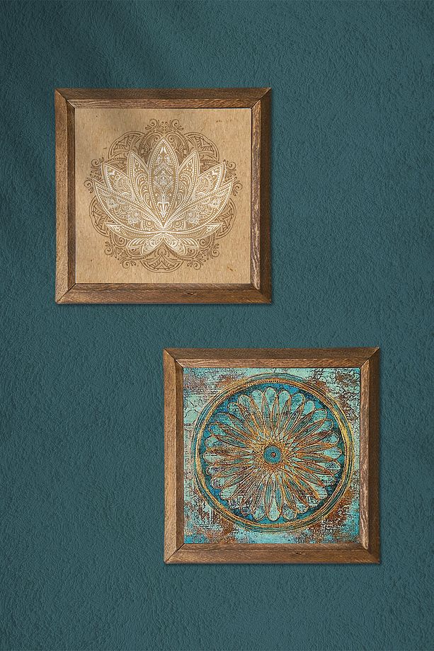 Yaşam Çiçeği, Lotus Çiçeği Taş Duvar Tablosu Ahşap Çerçeveli Duvar Dekoru 2'li Tablo Set -W2-496- - 3