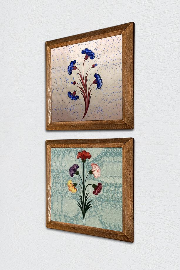 Ebru Sanatı Taş Duvar Tablosu Ahşap Çerçeveli Duvar Dekoru 2 Parça Tablo Seti Wall Art -W2-596- - 2
