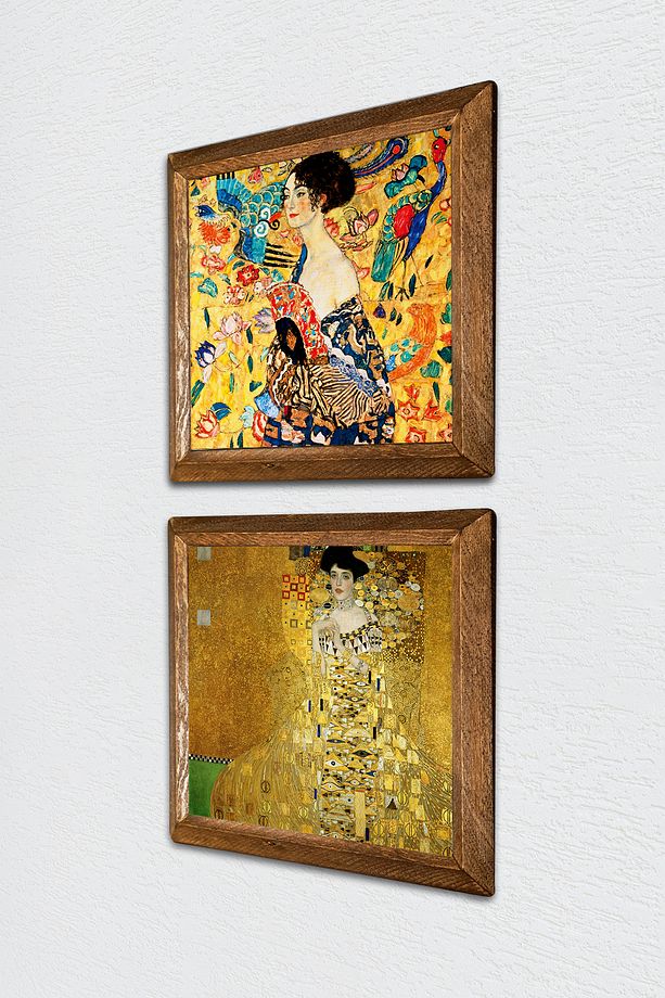 Gustav Klimt Yelpazeli Kadın, Bauer'in Portresi Taş Duvar Tablosu Çerçeveli Duvar Dekoru -W2-711- - 2