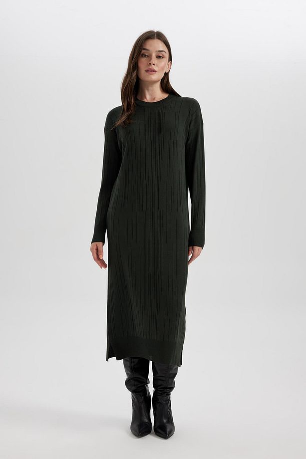 Regular Fit Bisiklet Yaka Basic Düz Uzun Kollu Krep Midi Triko Elbise A9806ax23wn - 3