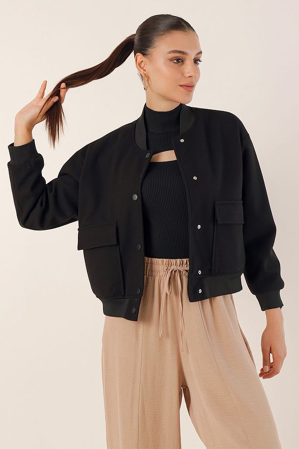 0688 Çift Cepli Crop Ceket - Siyah - 3