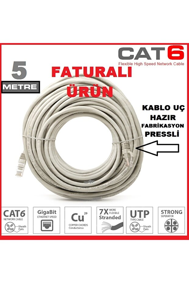 Cat6 - 5mt 5 Meter TV Plus Fiber Adsl Vdsl Modem Computer LED TV Search Ethernet Internet Cable