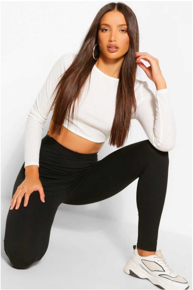 Women's Black High Waist Ribbed Fleece Tights