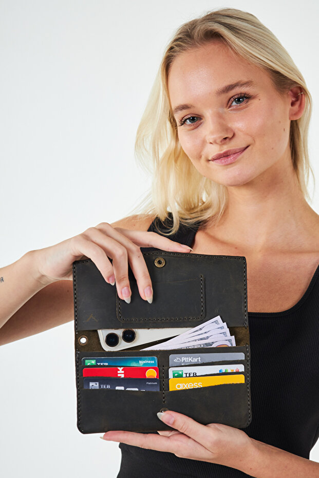 Hand Strap Bag Leather Wallet with Phone, Card, Cash and Coin Compartment