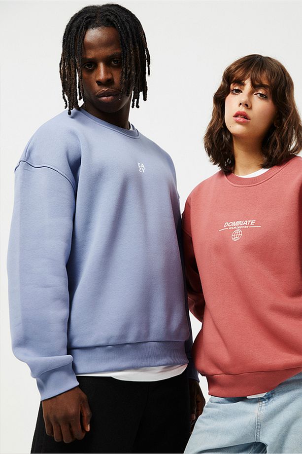 Eazy Basic Oversize Unisex Açık Mavi Bisiklet Yaka Kalın Sweatshirt - 3