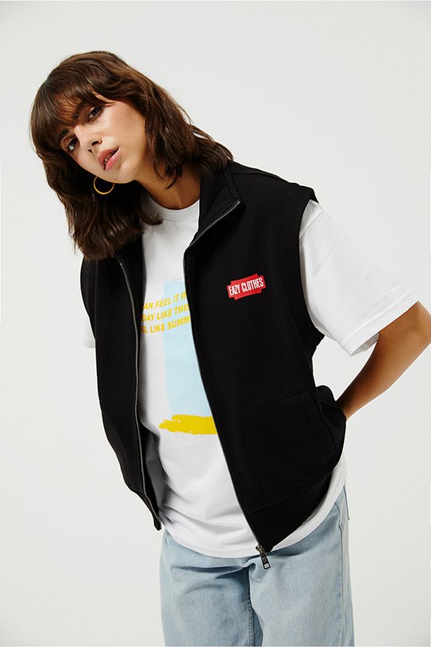 Eazy Basic Unisex Siyah Dik Yaka Yelek - 4