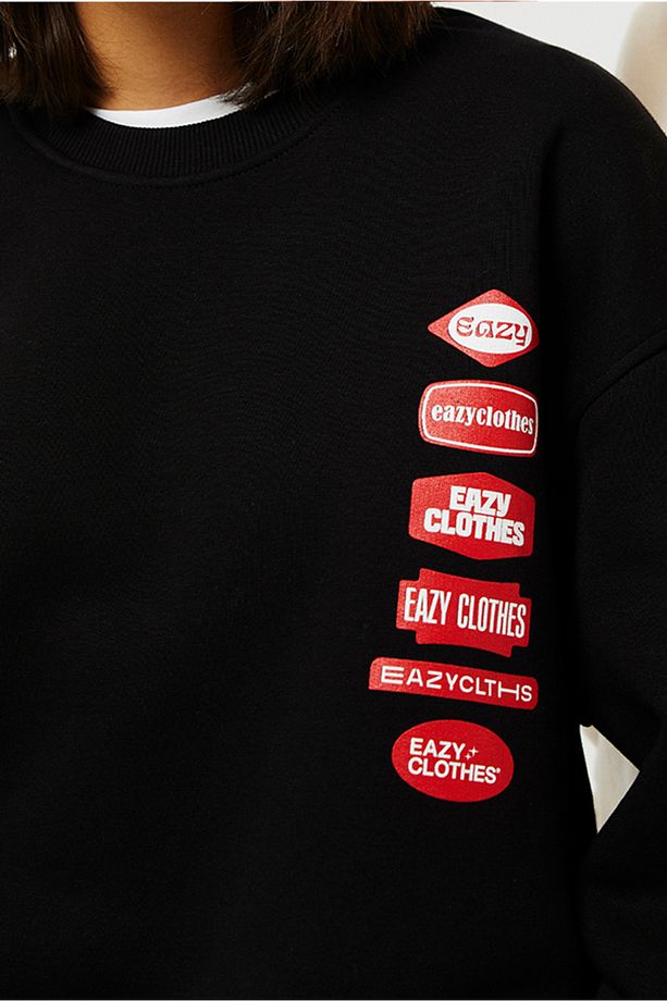 Eazy Logo Oversize Unisex Siyah Bisiklet Yaka Kalın Sweatshirt - 3