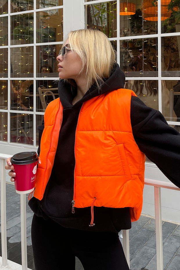 Women's Orange Stand Collar Double Pocket Full Filling Waist Adjustable Puffer Vest ALC-X7994