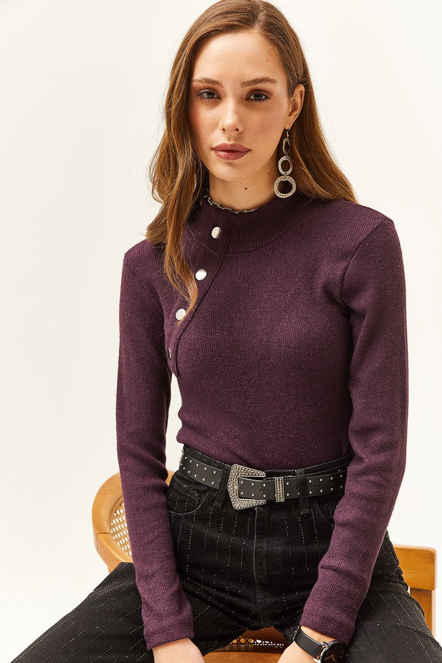 Women's Plum Button Detailed Half Fisherman Lycra Blouse BLZ-19001608