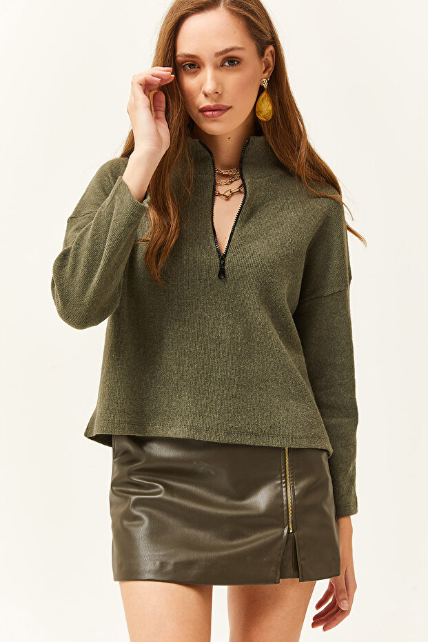 Women's Khaki Zippered Stand Collar Hooded Sweater