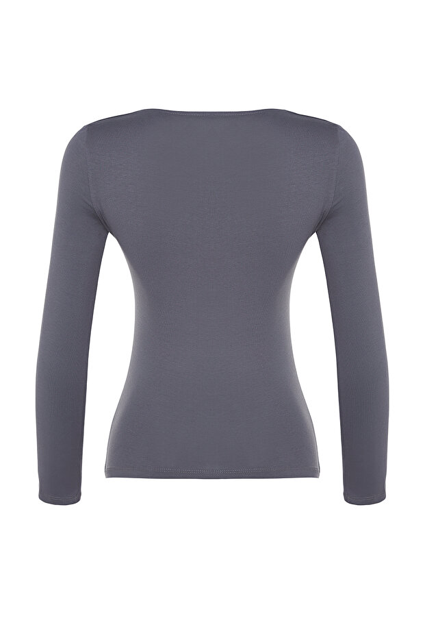 Antrasit Pamuklu Kare Yaka Regular Fit Örme Bluz TWOAW24BZ00016 - 7