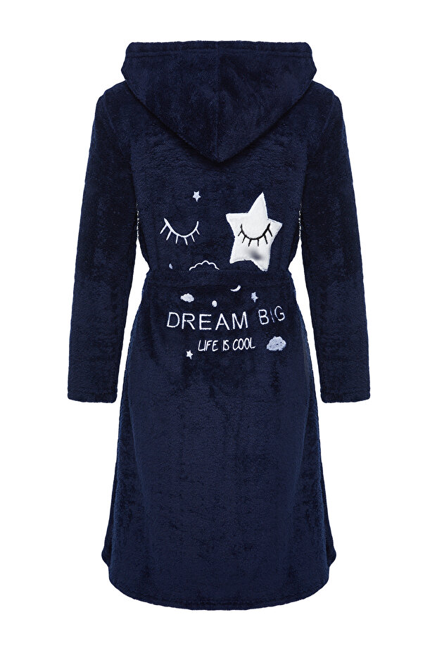 Granatowy, dzianinowy szlafrok z kapturem i haftem na plecach, Wellsoft, zimowy Thmaw24Sb00024 - 6