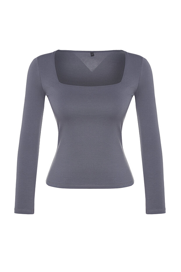 Antrasit Pamuklu Kare Yaka Regular Fit Örme Bluz TWOAW24BZ00016 - 6