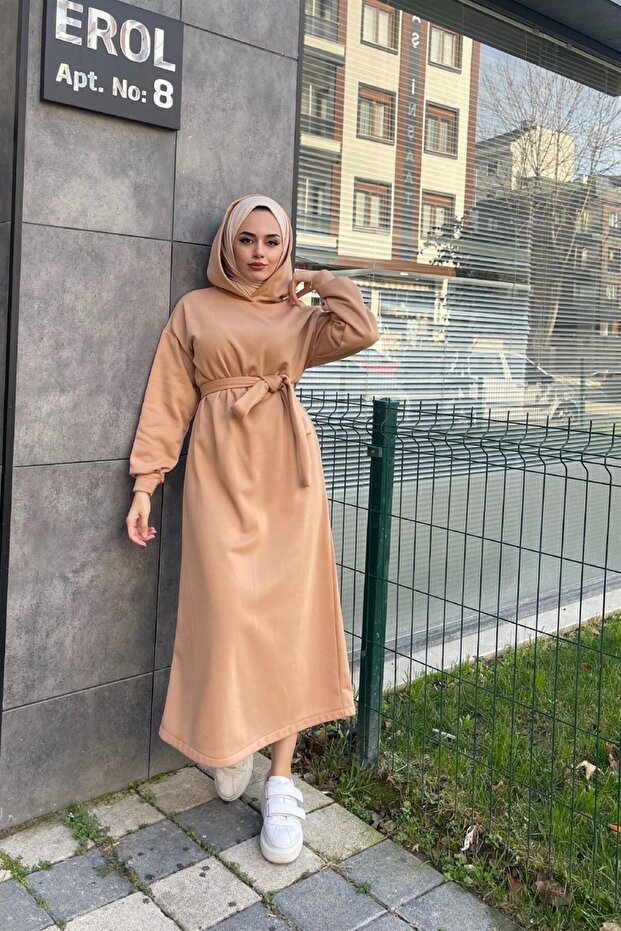 Üç Iplik Kapşonlu Elbise Sütlükahve - 1