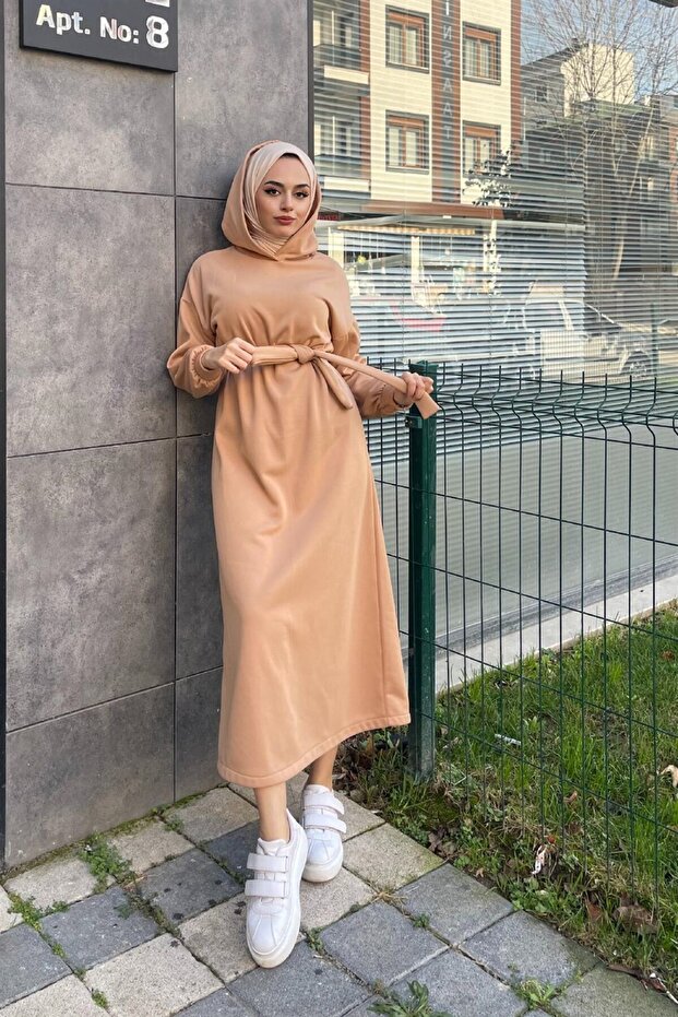 Üç Iplik Kapşonlu Elbise Sütlükahve - 4