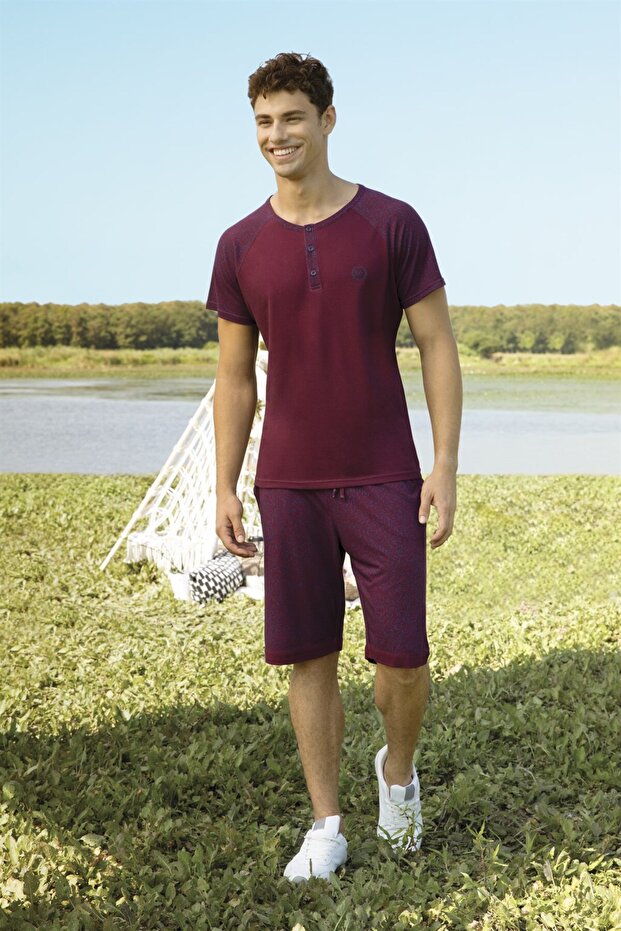 Men's Claret Red 100% Cotton T-shirt Shorts Pajama Set 4873
