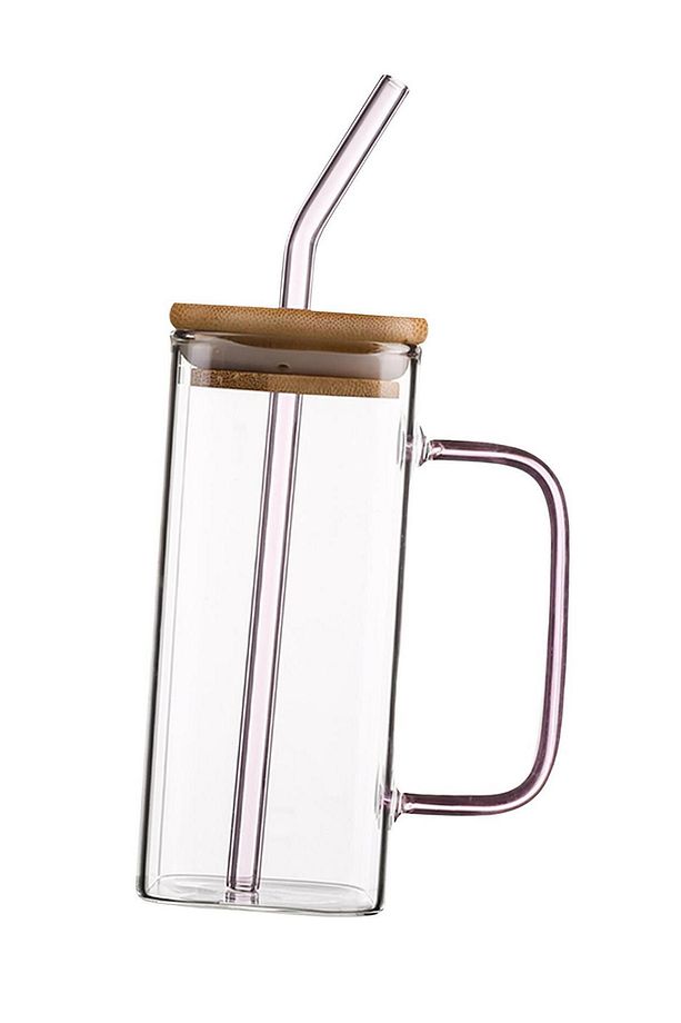 Borosilikat Cam Kupa Bardak Kare Pipetli Kupa 350ml Termisil Kupa Pembe Sap - 3
