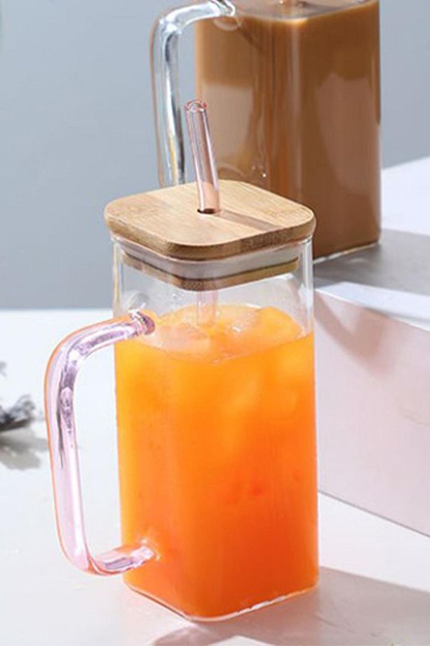 Borosilikat Cam Kupa Bardak Kare Pipetli Kupa 350ml Termisil Kupa Pembe Sap - 2