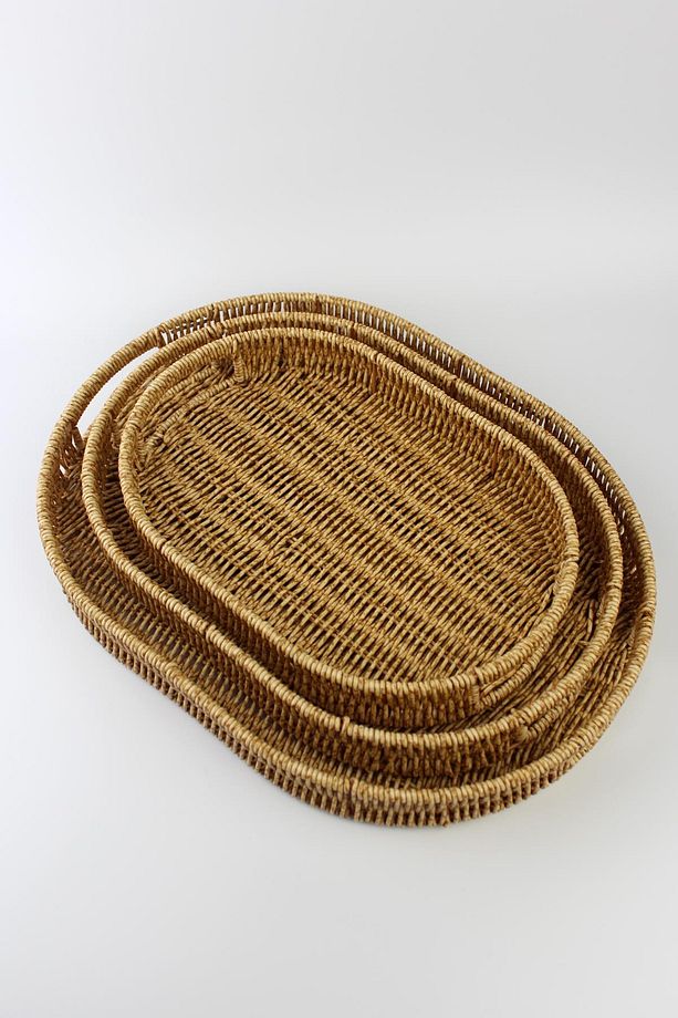 3 lü Rattan Tepsi Dekoratif Tepsi Hasır Örme Tepsi Oval Krem - 1