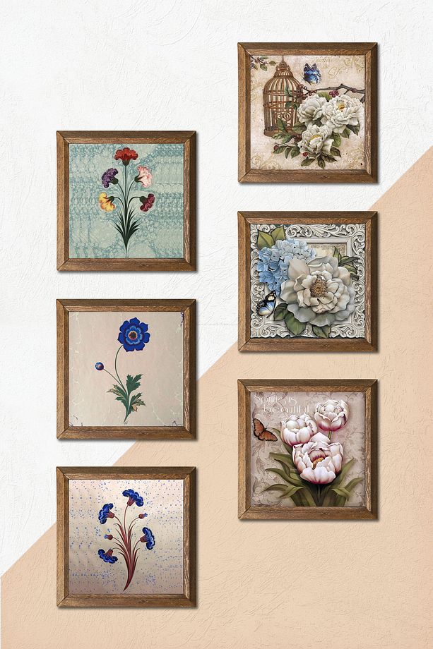 Ebru Sanatı, Kelebekli Çiçek Taş Duvar Tablosu Ahşap Çerçeveli Duvar Dekoru 6'lı Tablo Seti Wall Art - 5