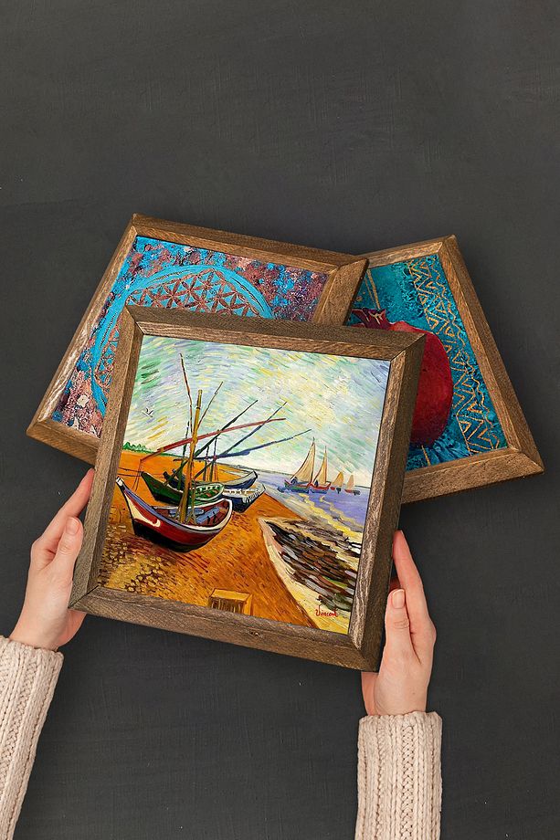 Van Gogh Taş Duvar Tablosu Ahşap Çerçeveli Duvar Dekoru 3 Parça Tablo Seti Wall Art W3-507 - 4