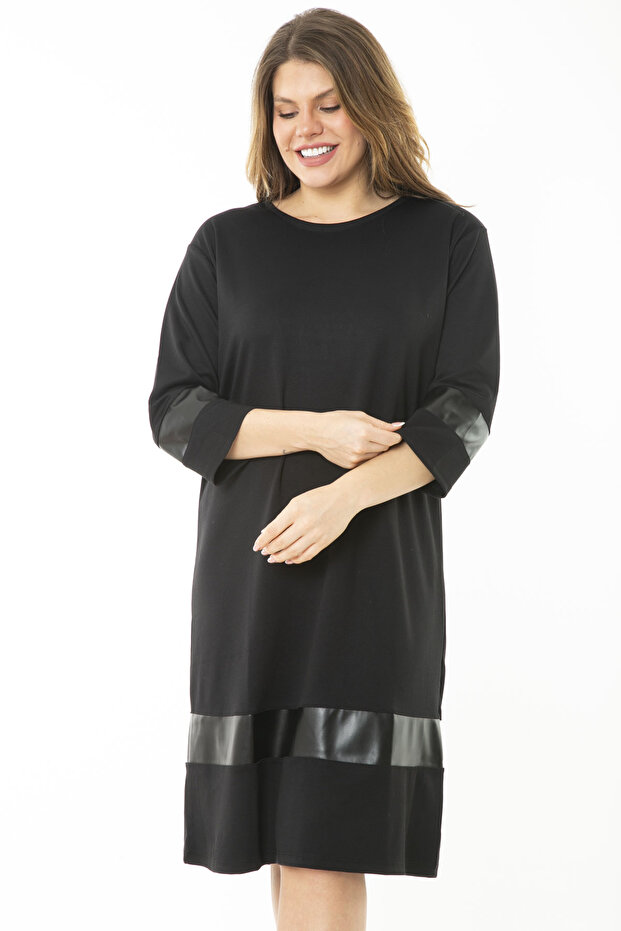 Women's Large Size Black Long Sleeve Dress with Faux Leather Detail at Cuffs and Hem 65N37157 - 5