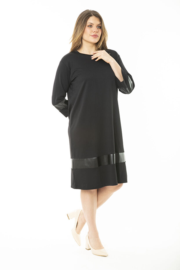 Women's Large Size Black Long Sleeve Dress with Faux Leather Detail at Cuffs and Hem 65N37157 - 3