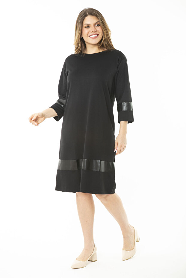 Women's Large Size Black Long Sleeve Dress with Faux Leather Detail at Cuffs and Hem 65N37157 - 1