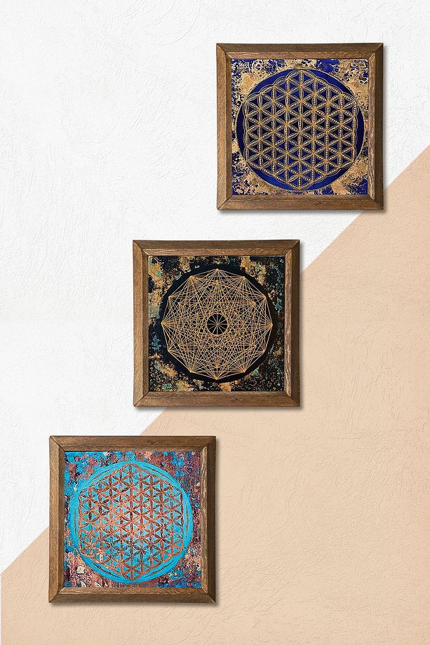 Sri Yantra, Yaşam Çiçeği Taş Duvar Tablosu Ahşap Çerçeveli Duvar Dekoru 3 Parça Tablo Seti Wall Art - 5