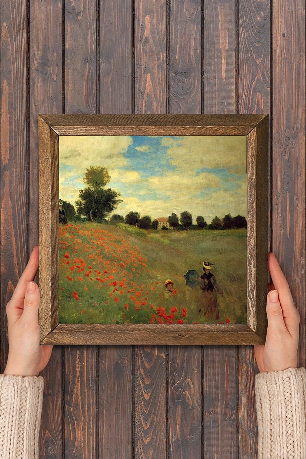 Claude Monet Gelincikler Taş Duvar Tablosu Ahşap Çerçeveli Duvar Dekoru Wall Art 25x25cm - 4