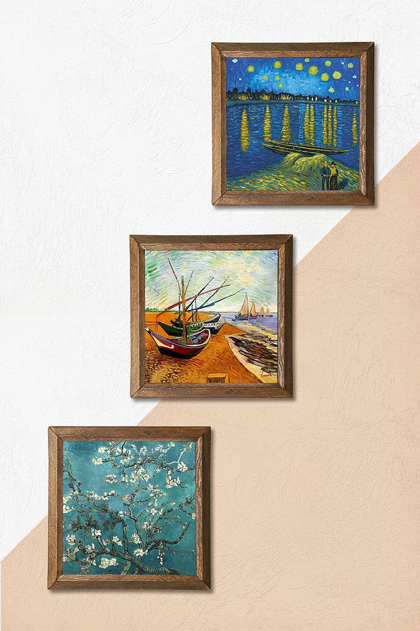 Van Gogh Taş Duvar Tablosu Ahşap Çerçeveli Duvar Dekoru 3 Parça Tablo Seti Wall Art W3-507 - 5