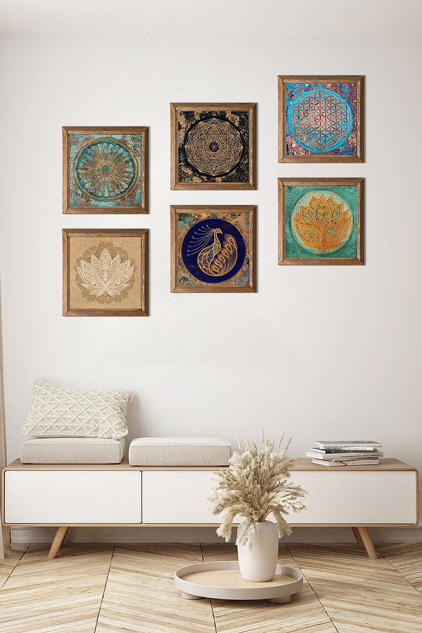 Yaşam Çiçeği, Lotus Çiçeği, Sri Yantra, Tavus Kuşu Taş Duvar Tablosu Ahşap Çerçeveli Duvar Dekoru - 1
