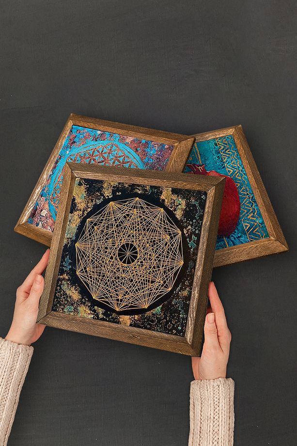 Sri Yantra, Yaşam Çiçeği Taş Duvar Tablosu Ahşap Çerçeveli Duvar Dekoru 3 Parça Tablo Seti Wall Art - 4