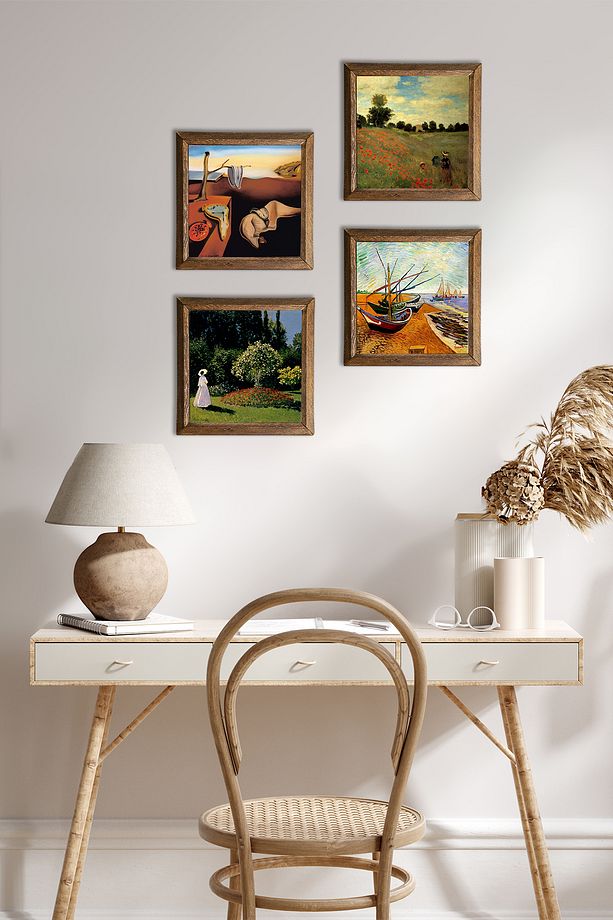 Salvador Dalí, Van Gogh, Claude Monet Taş Duvar Tablosu Ahşap Çerçeveli Duvar Dekoru 4'lü Tablo Set - 1