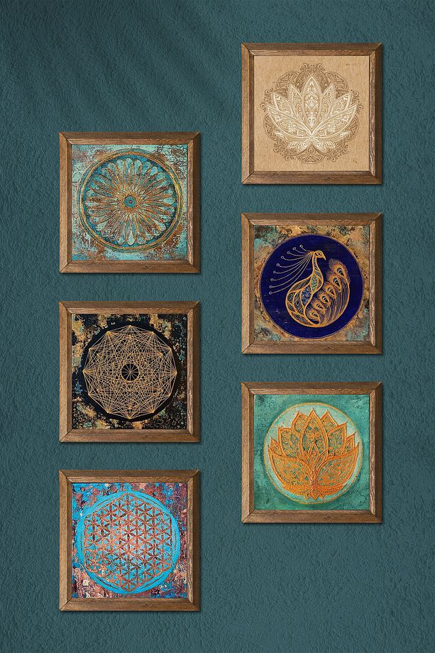 Yaşam Çiçeği, Lotus Çiçeği, Sri Yantra, Tavus Kuşu Taş Duvar Tablosu Ahşap Çerçeveli Duvar Dekoru - 3