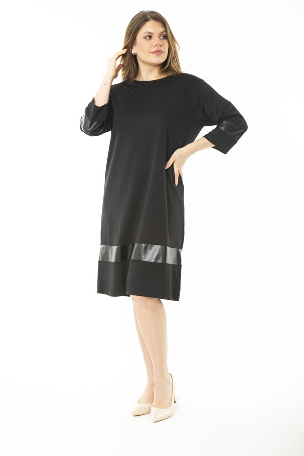 Women's Large Size Black Long Sleeve Dress with Faux Leather Detail at Cuffs and Hem 65N37157 - 7