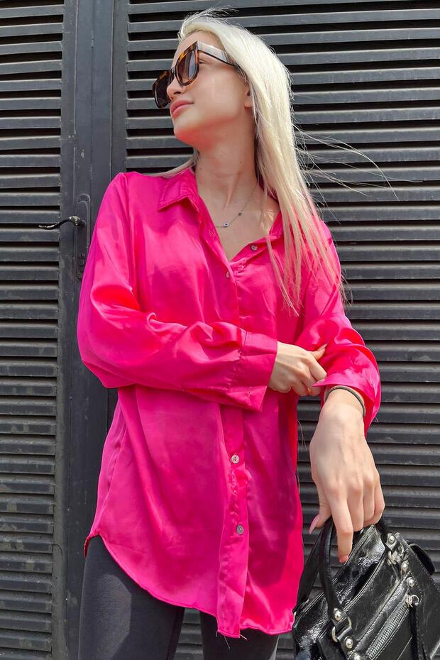 Fuşya Basic Kadın Saten Gömlek Mg1326 - 1