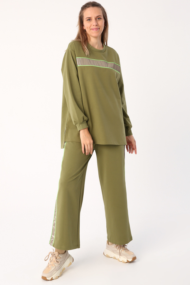 Light Khaki Shiny Garnished Neon Piping Tracksuit Set