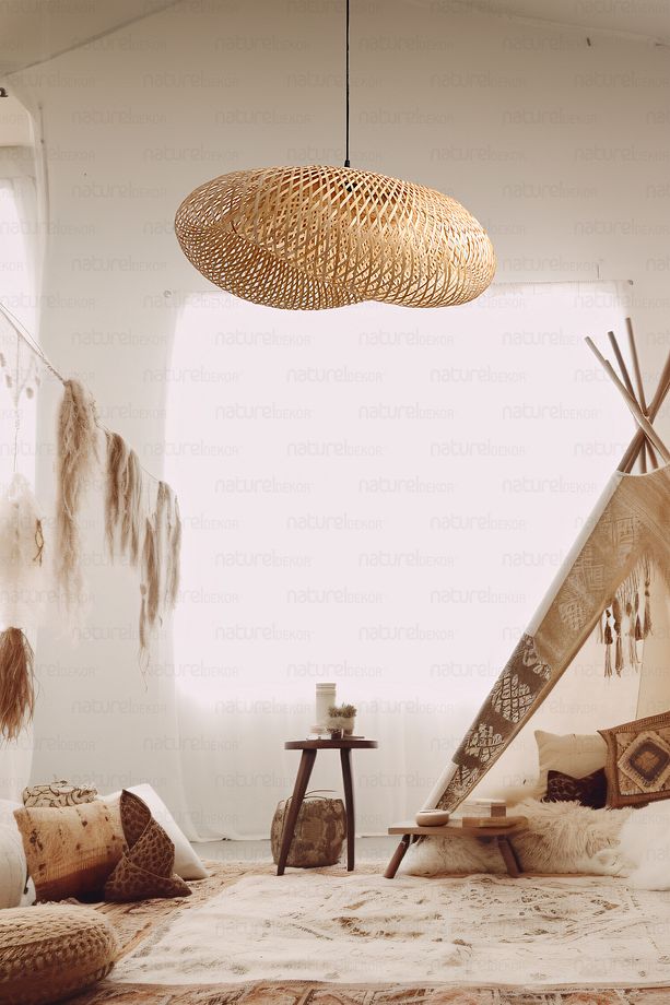 Bohem Bambu Elips Sarkıt Avize Lamba 60cm - Iskandinav, Modern, Bohem, Rattan Aydınlatma - 4