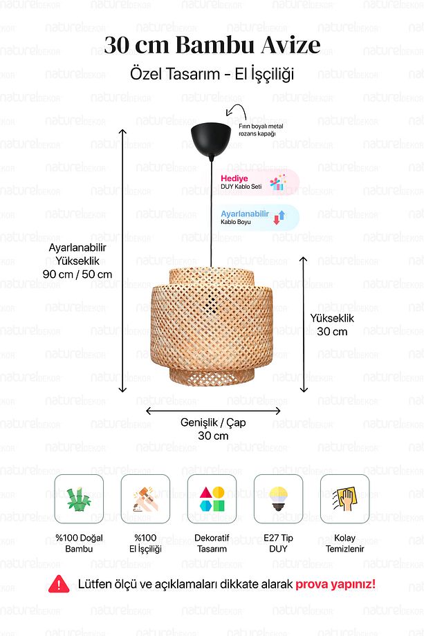 Sinnerlig Bambu Avize 30cm - Iskandinav, Modern, Bohem, Rattan Avize, Aydınlatma - 5
