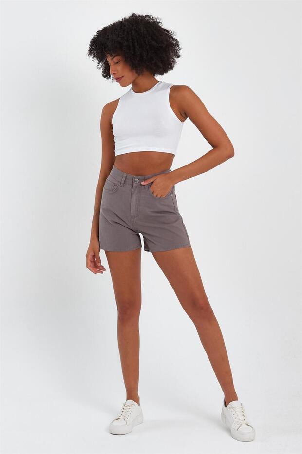 - Kadın Mini Slim Denim Şort Vizon - 6