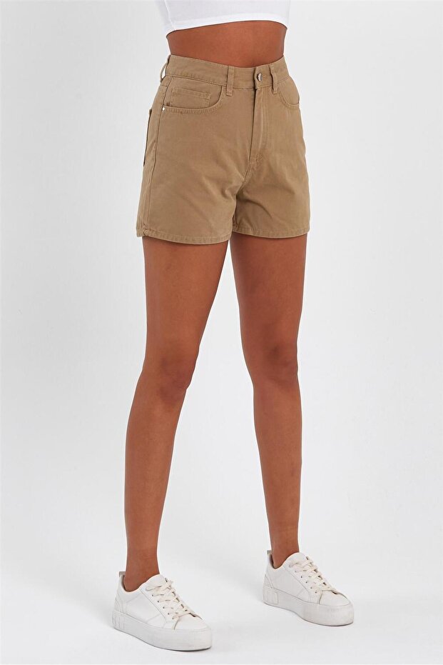 - Kadın Mini Slim Denim Şort Camel - 4