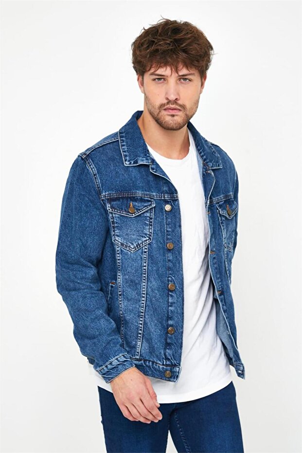 - Men's Slim Fit Washed Denim Coat Light Blue