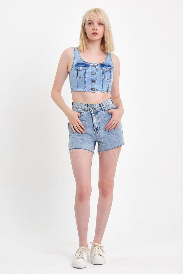 - Kadın Önü Düğmeli Cep Detaylı Askılı Denim Crop Açık Mavi - 2